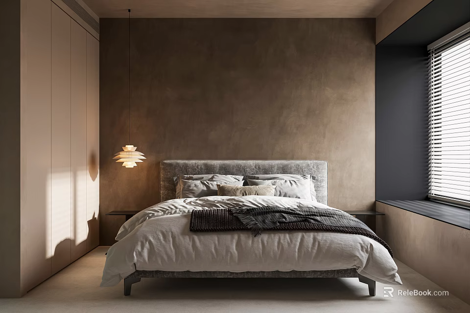 Warm Toned Bedroom Interior With Upholstered Headboard Linen Bedding Pendant Light And Blinds 3d model 