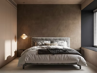 Warm Toned Bedroom Interior With Upholstered Headboard Linen Bedding Pendant Light And Blinds 3d model