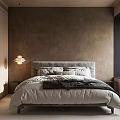 Warm Toned Bedroom Interior With Upholstered Headboard Linen Bedding Pendant Light And Blinds