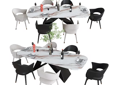 Modern Marble Dining Table With Black And White Chairs Dining Utensils And Green Plant Decoration 3d model