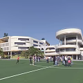 Modern School Building Complex with Green Roofs Playground and Landscaped Surroundings