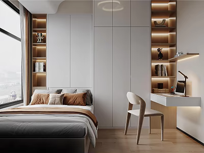 Modern Tatami Bedroom Interior With Built in Storage Wooden Shelves And Soft Lighting 3d model