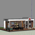 Bright White Café Exterior With Large Glass Windows Outdoor Seating And Vintage Car