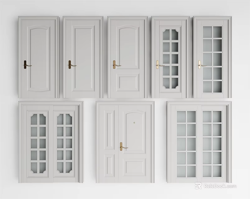 White Wooden Hinged Doors Various Styles With Glass Panels And Solid Panels For Interior Use 3d model