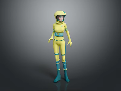 Futuristic Astronaut Character In Yellow Blue Suit With Helmet And Alien Creature In Space Setting 3d model