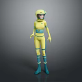 Futuristic Astronaut Character In Yellow Blue Suit With Helmet And Alien Creature In Space Setting