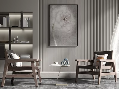 Modern Elegant Living Room With Wooden Chairs Round Table Set Decorative Painting And Bookshelf 3d model