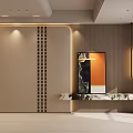 Modern Living Room Interior With Wooden Wall Decorative Painting And Marble Console Table Lighting