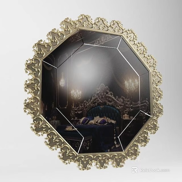 Octagonal Mirror With Golden Ornate Frame Reflecting Luxurious Room And Blue Sofa 3d model 