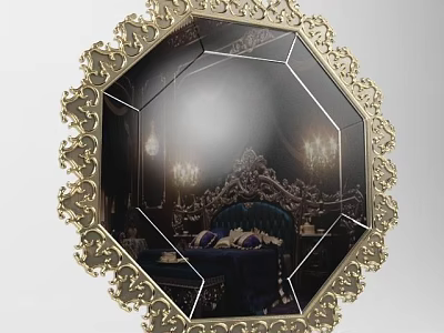 Octagonal Mirror With Golden Ornate Frame Reflecting Luxurious Room And Blue Sofa 3d model