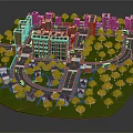 Cartoon City Scene with Colorful Buildings Various Trees and Curved Roads Layout
