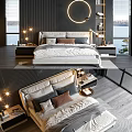 Double Bed with Upholstered Headboard and Decorative Pillows in Modern Bedroom with Nightstands and Warm Lighting