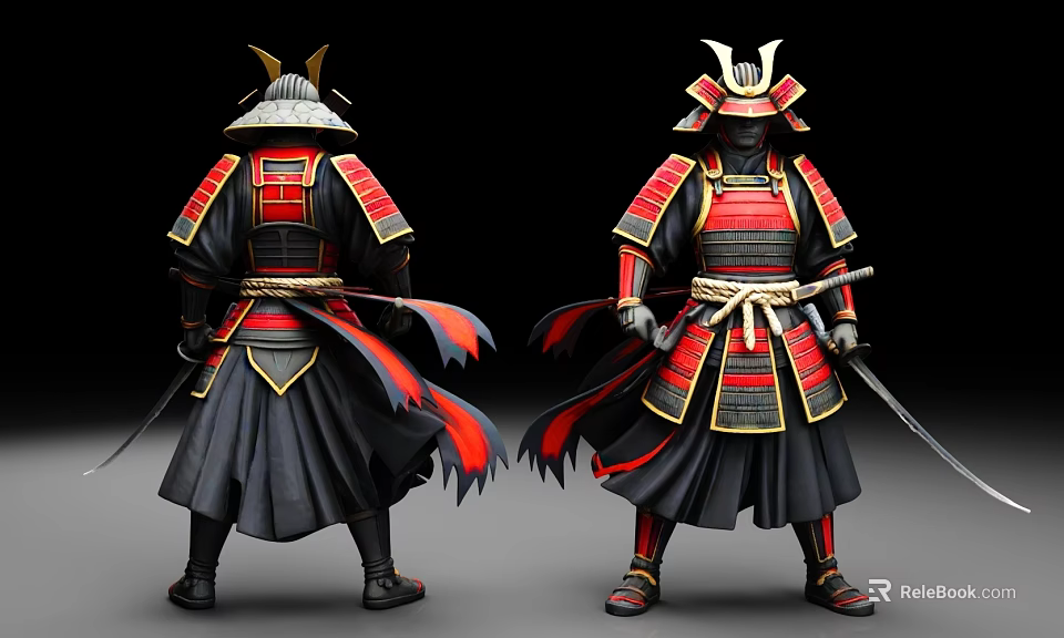 Man Wearing Traditional Red And Black Samurai Armor With Decorative Helmet And Sword 3d model 