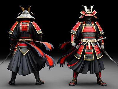 Man Wearing Traditional Red And Black Samurai Armor With Decorative Helmet And Sword 3d model