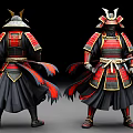 Man Wearing Traditional Red And Black Samurai Armor With Decorative Helmet And Sword