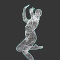 Woman Dancing in Blue Denim Shirt and Jeans with Dynamic Pose Against Gray Background