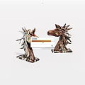 Hand Carved Wooden Horse Head Sculptures with Natural Texture Different Poses and Square Bases