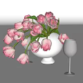 Elegant Pink Tulips in Silver Vase with Wine Glass on White Background