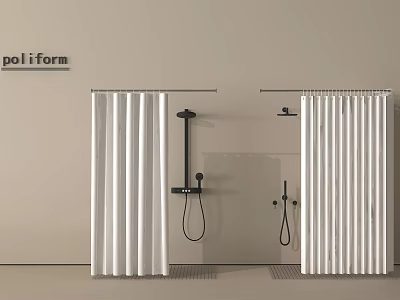 Modern Bathroom Accessories With White Shower Curtains Black Shower Heads And Handheld Showers 3d model