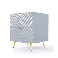 Light Gray Bedside Table with Chevron Pattern Gold Handles and Gold Legs