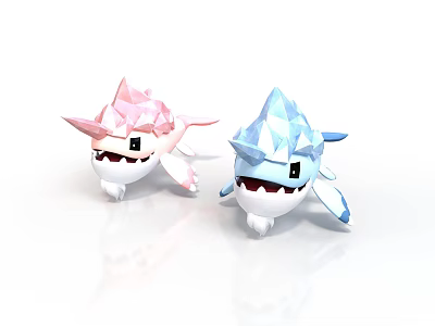 Low Poly Shark Figurines In Pink And Blue With White Bellies And Black Eyes 3d model