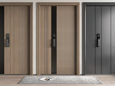 Stylish Modern Security Doors with Wood Grain Black Stripe and Gray Finish Designs 3d model