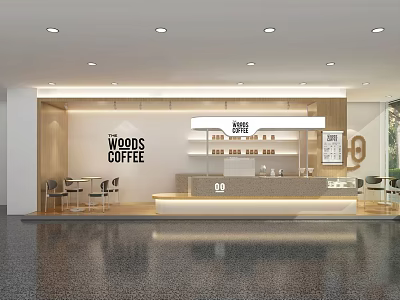 WOODS COFFEE Modern Interior Design With Counter Shelves And Tables Chairs 3d model