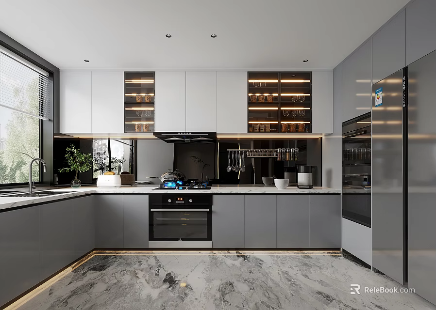 Modern Kitchen Interior With Gray Cabinets Marble Countertops And Stainless Steel Appliances 3d model 