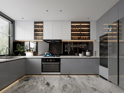 Modern Kitchen Interior With Gray Cabinets Marble Countertops And Stainless Steel Appliances 3d model