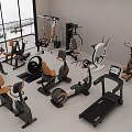 Modern Indoor Fitness Equipment Display With Treadmill Exercise Bike And Elliptical Trainer