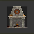 Stone Fireplace Featuring Round Wooden Decoration Mantel With Pots Candles And Burning Fire