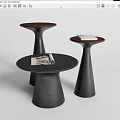 Modern Wooden Side Tables With Dark Conical Base And Stacked Magazines
