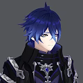 Man With Blue Hair Wearing Black And Purple Outfit Long Coat Boots And Sword