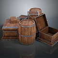 Rustic Wooden Storage Barrels And Open Boxes With Metal Hoops And Lids