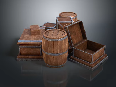 Rustic Wooden Storage Barrels And Open Boxes With Metal Hoops And Lids 3d model