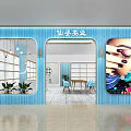 Blue Exterior Specialty Store With Display Windows Interior Tables Chairs And Plants