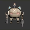 Little Girl In Blue Dress Standing On White Mechanical Cat Robot With Blue Ears