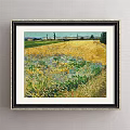 Black Framed Landscape Painting Featuring Golden Wheat Field With Green Trees And Blue Sky Background