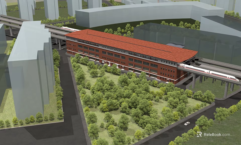 Modern Metro Station With Red Roof Surrounded By Lush Green Trees And Urban Buildings 3d model 