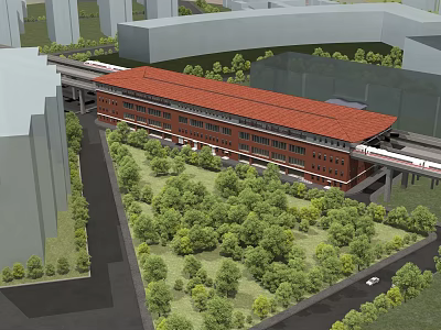 Modern Metro Station With Red Roof Surrounded By Lush Green Trees And Urban Buildings 3d model
