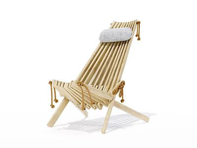 Modern Wooden Slatted Lounge Chair With Gray Cushion And Rope Accents 3d model