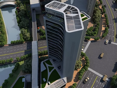 Birds Eye View Planning of Modern High Rise Building with Roads River and Green Belts 3d model