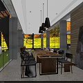 Hotel Public Lounge Area Featuring Large Windows Natural Views Long Wooden Table Black Metal Chairs