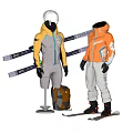 Models Wearing Ski Suits With Ski Poles Skis And Backpack On Display Stand