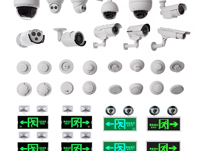 Various Surveillance Security Devices Including Dome Bullet Cameras Smoke Detector Shapes And Arrow Indicator Lights 3d model