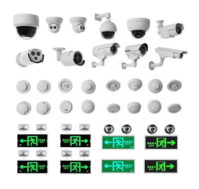 Various Surveillance Security Devices Including Dome Bullet Cameras Smoke Detector Shapes And Arrow Indicator Lights 3d model