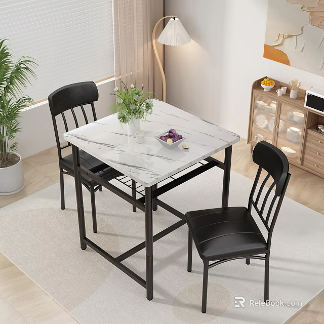 Modern Living Room With Marble Dining Table Black Chairs Green Plants And Glass Cabinets 3d model 