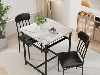 Modern Living Room With Marble Dining Table Black Chairs Green Plants And Glass Cabinets 3d model