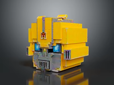 Yellow Blocky Robot Character With Blue Glowing Eyes And Mechanical Head Structure 3d model