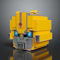 Yellow Blocky Robot Character With Blue Glowing Eyes And Mechanical Head Structure